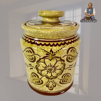 Redware Cannister Tudor Rose Sgraffito - 6"