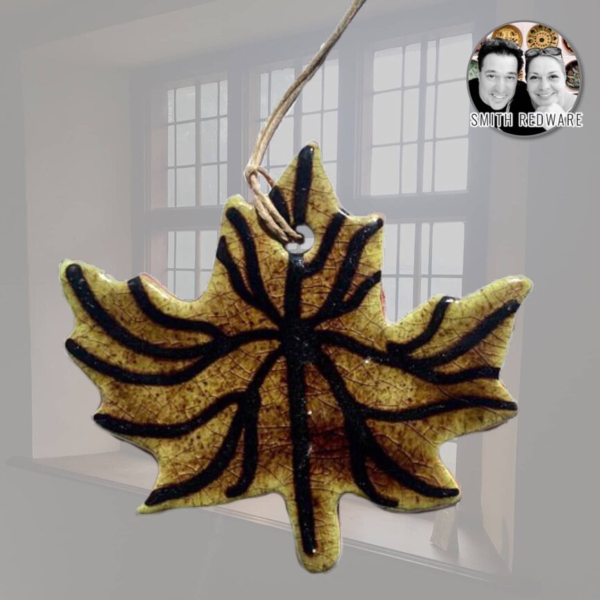 Smith Redware -  Maple Leaf Ornament Green & Black - 4"