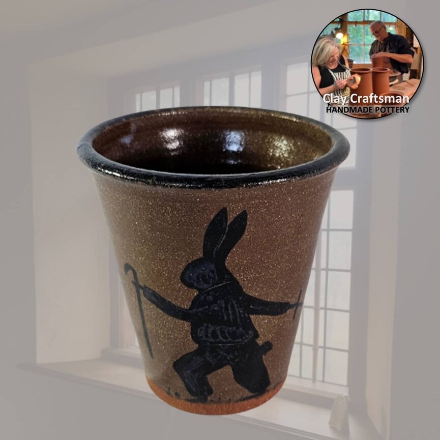 Clay Pottery Brown Tumbler- Walking Rabbit - 4.5"