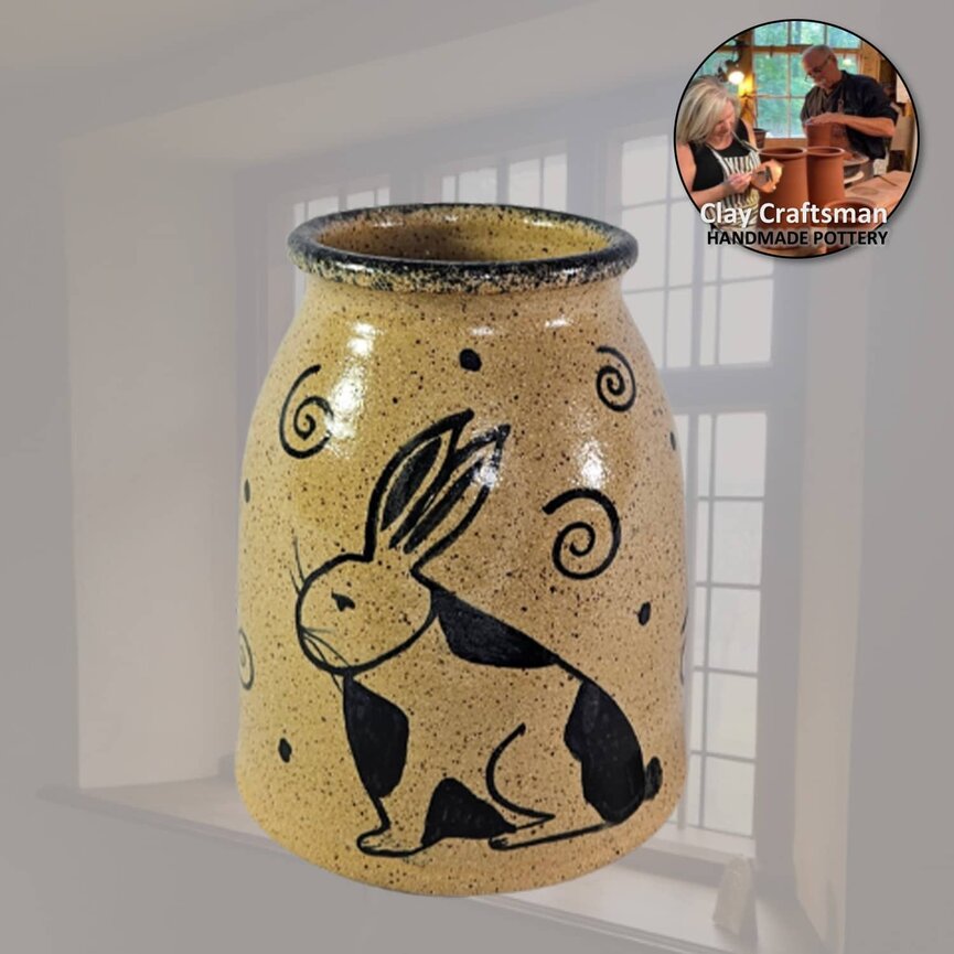 Pottery Canning Crock with Spotted Rabbit & Swirls - 5"