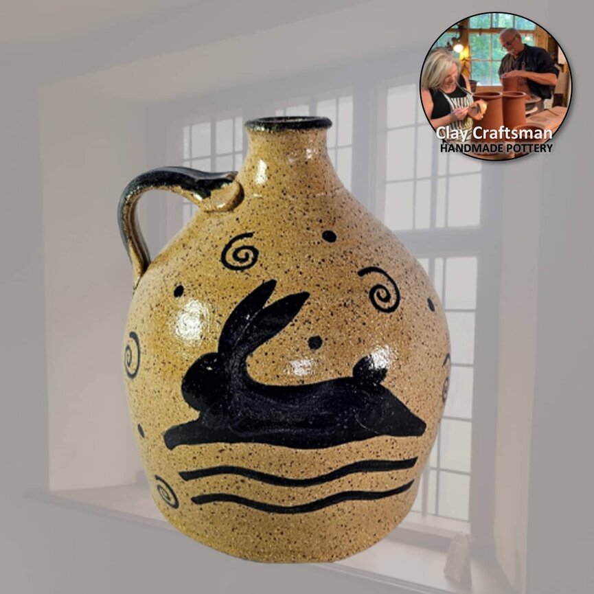 Clay Pottery Round Bud Vase Handle with Black Rabbit - 6"