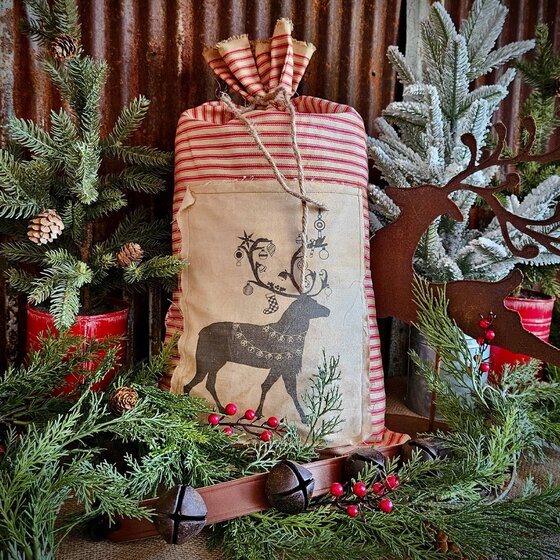 Reindeer Red Ticking Stuffed Bag