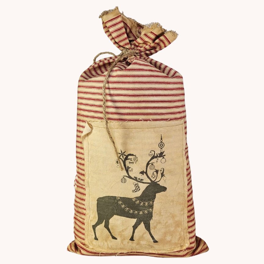 Reindeer Red Ticking Stuffed Bag - 18"  x 11"