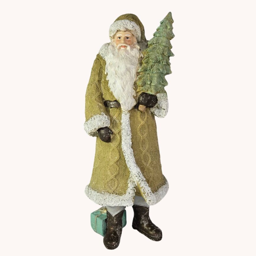 Glittered Santa in Olive Green with Tree  - 11.75"