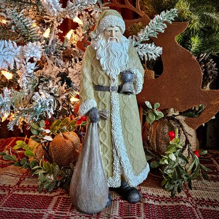 Glittered Santa in Olive Green with Bag - 11.75"