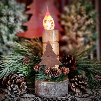 Wilderness Wooden Spool with Rusty Tree Candle - 9.5"