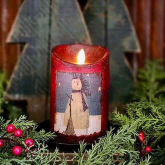Snowman with Broom Burgundy Moving Flame Pillar Candle - 3.5x5