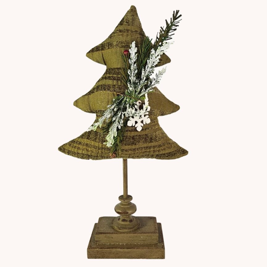 Fabric Christmas Tree On Spindle Green Striped - 16"