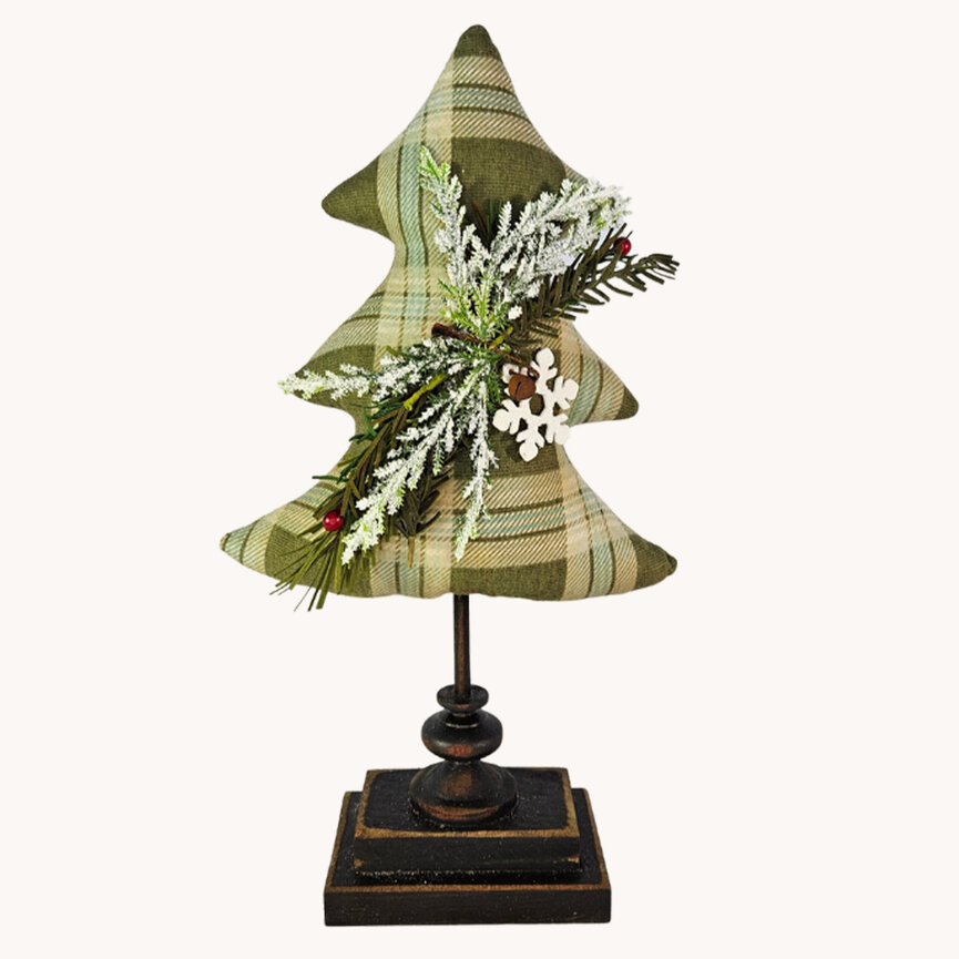 Fabric Christmas Tree On Spindle Green Plaid - 16"