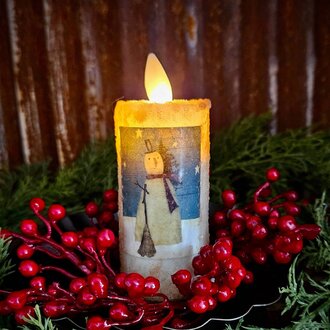 Snowman with Broom Ivory Moving Flame Votive - 1.5 x 3