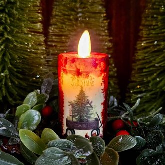Tree In Wagon Burgundy Moving Flame Votive Candle - 1.5x3