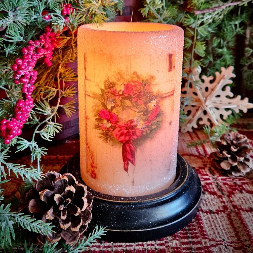 Vintage Print Christmas Wreath Candle Sleeve