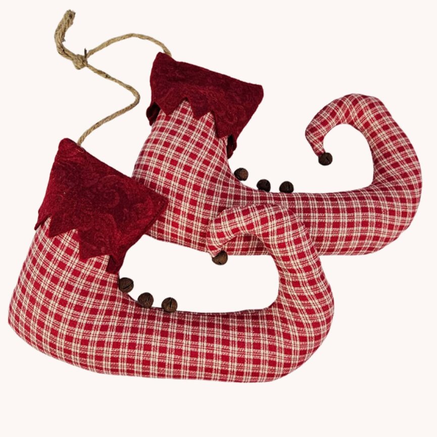 Tied Twine Pair of Elf Shoes Red Plaid - 9.5"x 6"