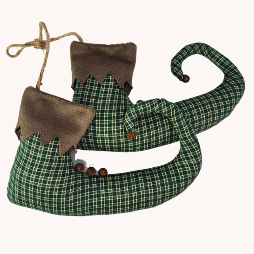 Tied Twine Pair of Elf Shoes Green Plaid - 9.5" x 6"