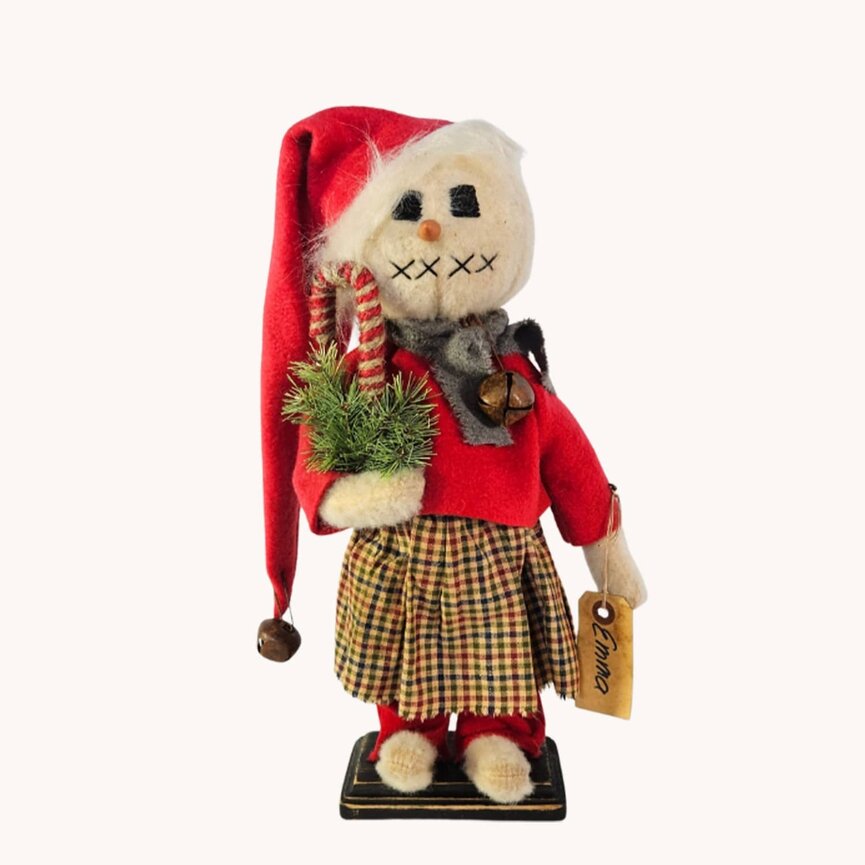 Emma Snowgirl Red Green Tan Checked Skirt Candy Cane Pine Branch 16" T