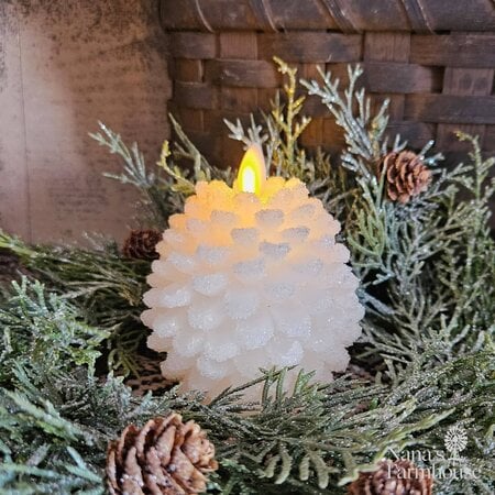 Pinecone White Wax Snowy Candle - 4.5" T