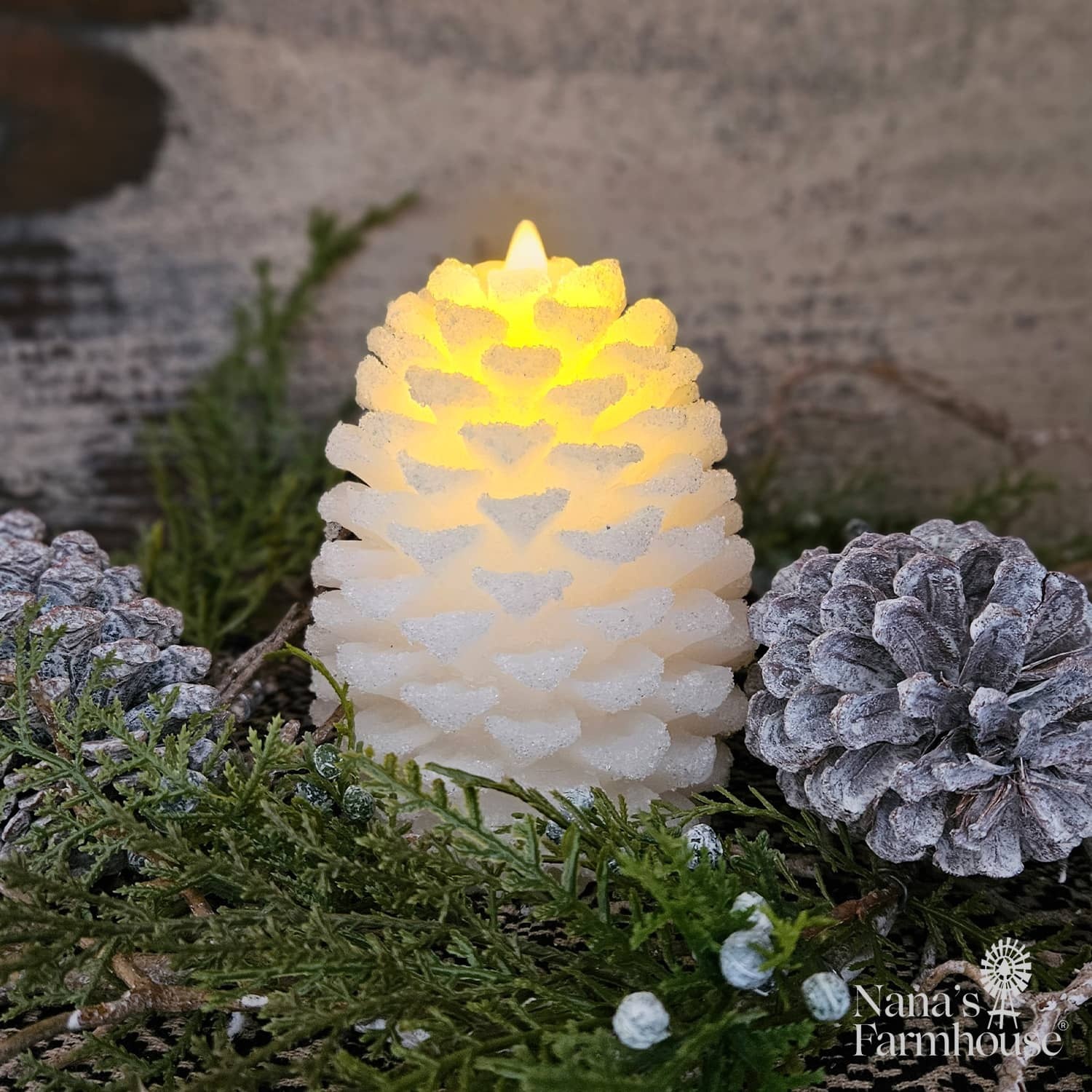 Luminara Pinecone White Snowy Candle Nana's Farmhouse Nana's Farmhouse