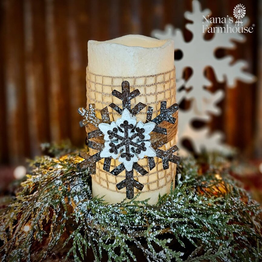 Burlap & Bronze Snowflake Battery Operated Timer Pillar Candle - 3x6