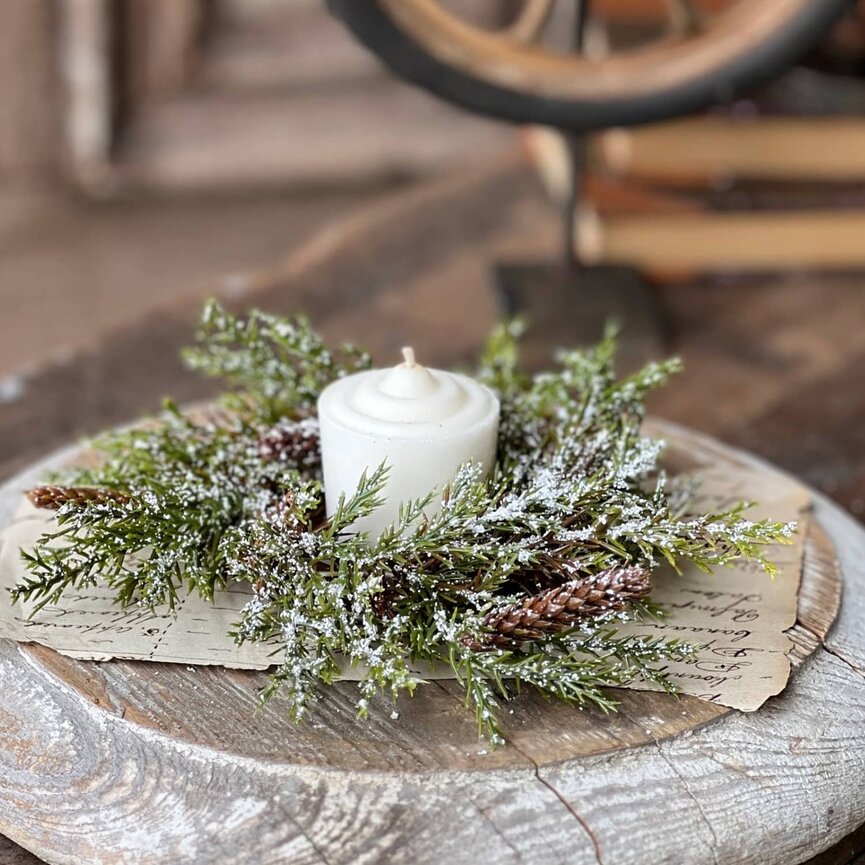 Prickly Pine Candle Ring with Snow - 2" Ctr x 6" Dia