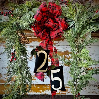 Number 25 Wool Applique Door Hanger Pillows with Green Plaid Back