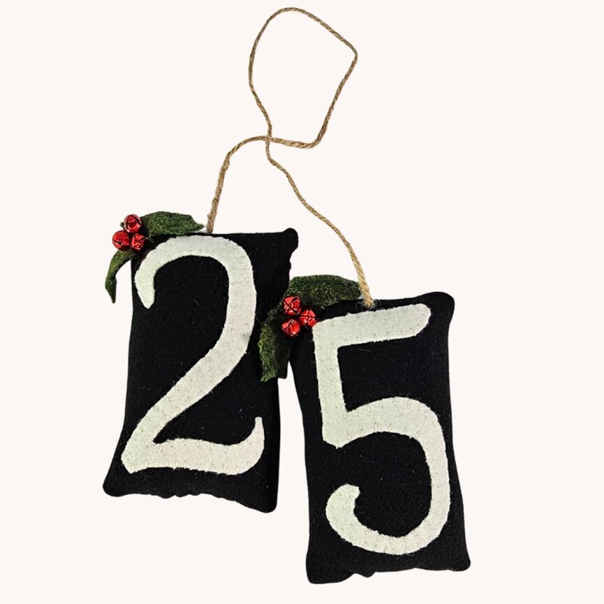 Number 25 Wool Applique Door Hanger with Twine Garnet Check Back - 3x5.5