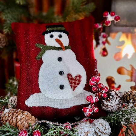 Snowman with Red Heart Wool Applique Pillow