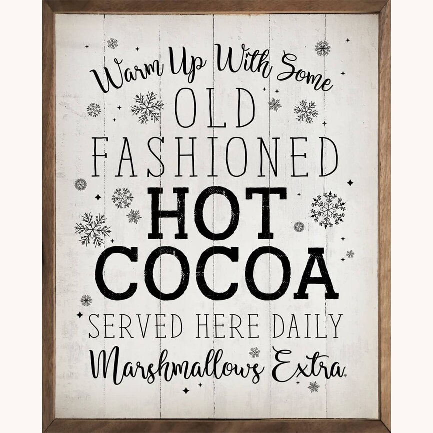 Old Fashioned Hot Cocoa Snowflakes Whitewash Wooden Framed Sign