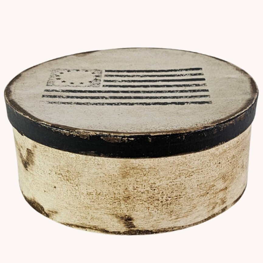 Round Box White and Black Primitive Flag - 10" Dia x 3" T
