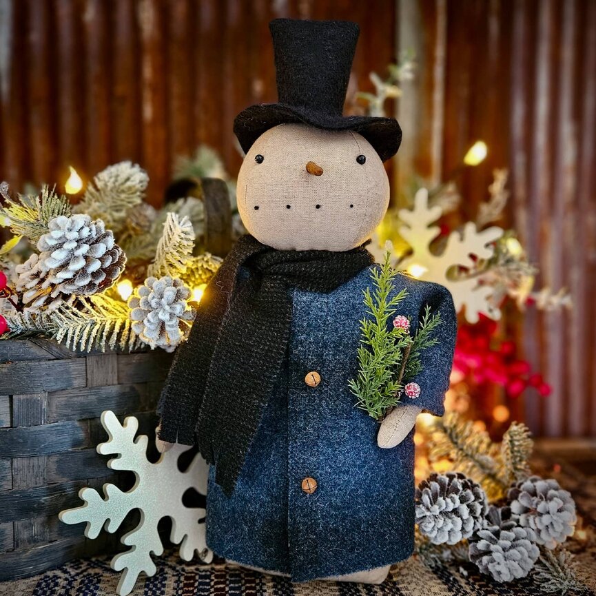 Snowman with Blue Wool Coat Top Hat & Greenery Weighted Base - 16"