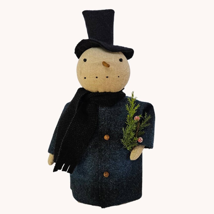 Snowman with Blue Wool Coat Top Hat & Greenery Weighted Base - 16"