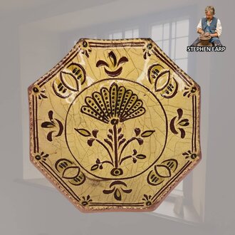 Redware Octagon Plate Thistle Sgraffito - Small