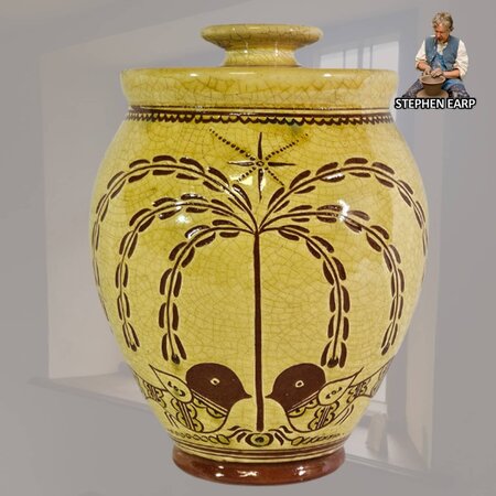 Redware Oval Jar with Lid Tree of Life Sgraffito Large - 9.25" T