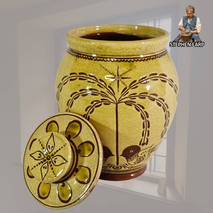 Redware Oval Jar with Lid Tree of Life Sgraffito Large - 9.25" T