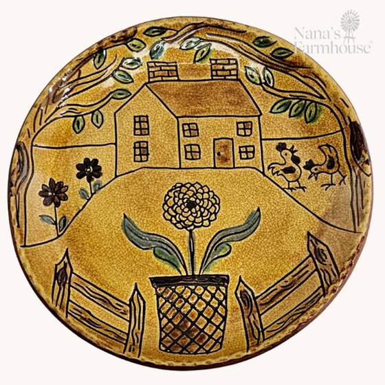House and Floral Plate Sgraffito - 8"