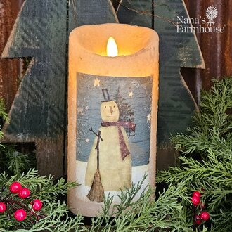 Snowman with Broom Ivory Moving Flame Pillar Candle - 3.5x7