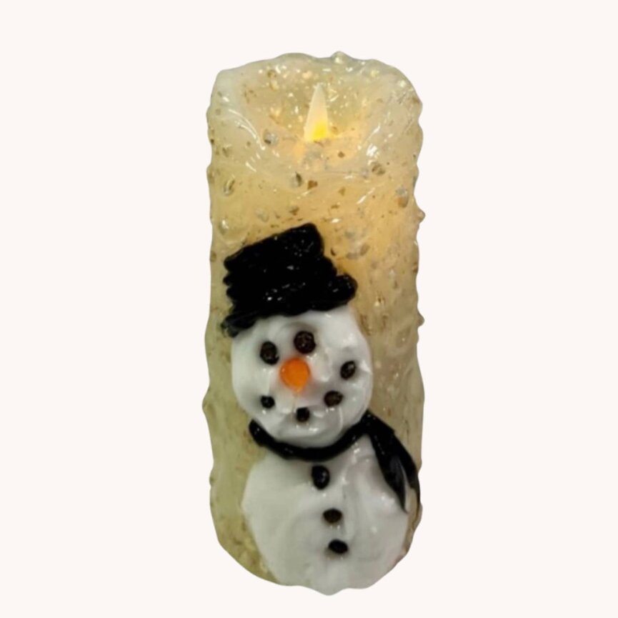 Snowman Front Moving Flame Pillar Candle - 2x5