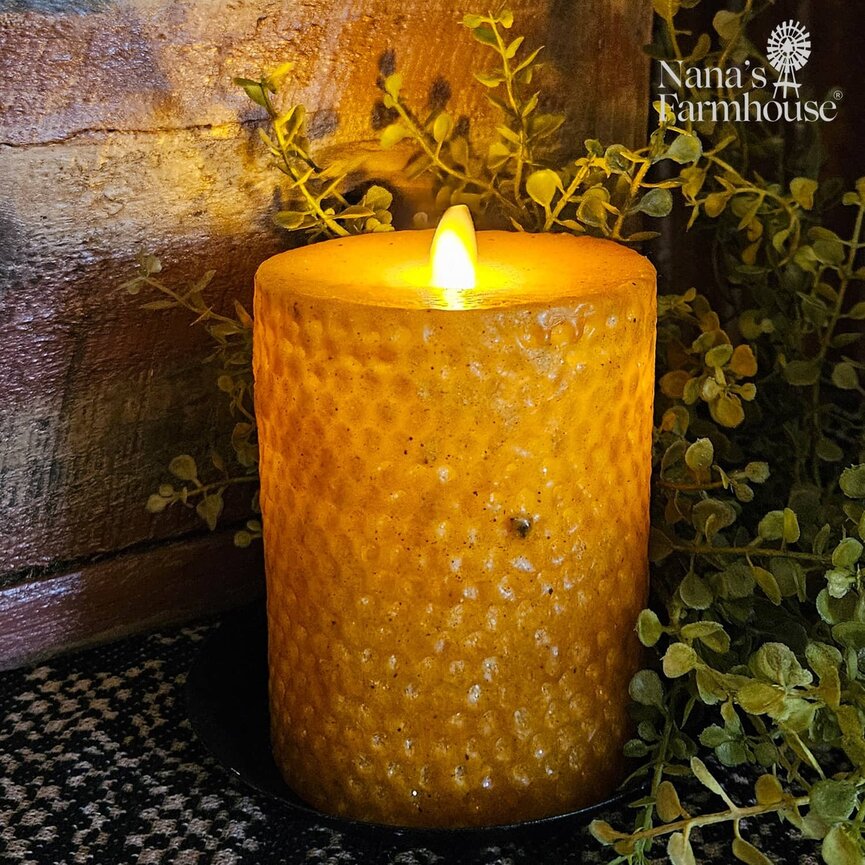 Primitive Mustard Honeycomb Beeswax Moving Flame Pillar Candle - 5" x 3.5"