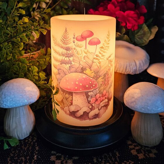 Crimson Capped Mushrooms Candle Sleeve Antique Vanilla