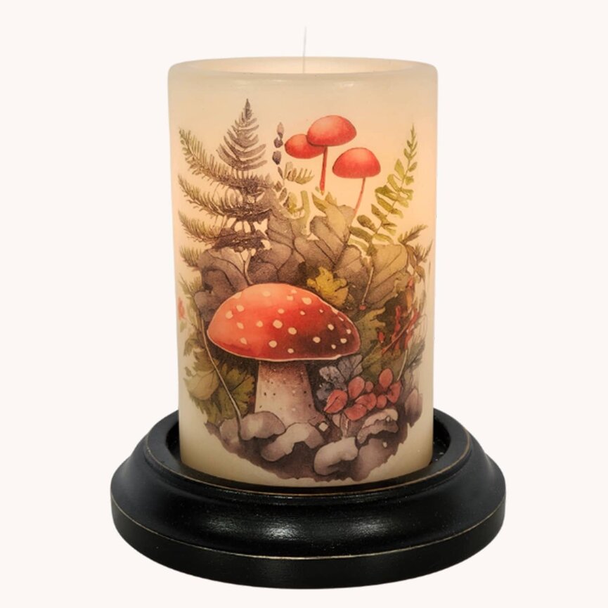 Crimson Capped Mushrooms Candle Sleeve Antique Vanilla