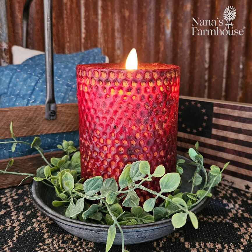 Primitive Burgundy Honeycomb Beeswax Moving Flame Pillar Candle - 5" x 3.5"