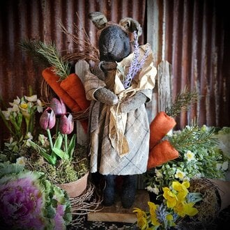 Primitive Girl Rabbit Doll in Plaid Dress - 18"