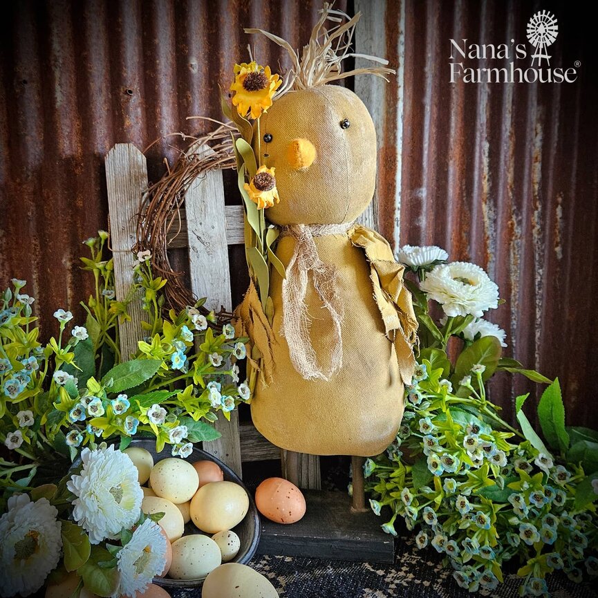 Standing Canvas Chick Doll Mustard Holding Orange Flowers - 17"