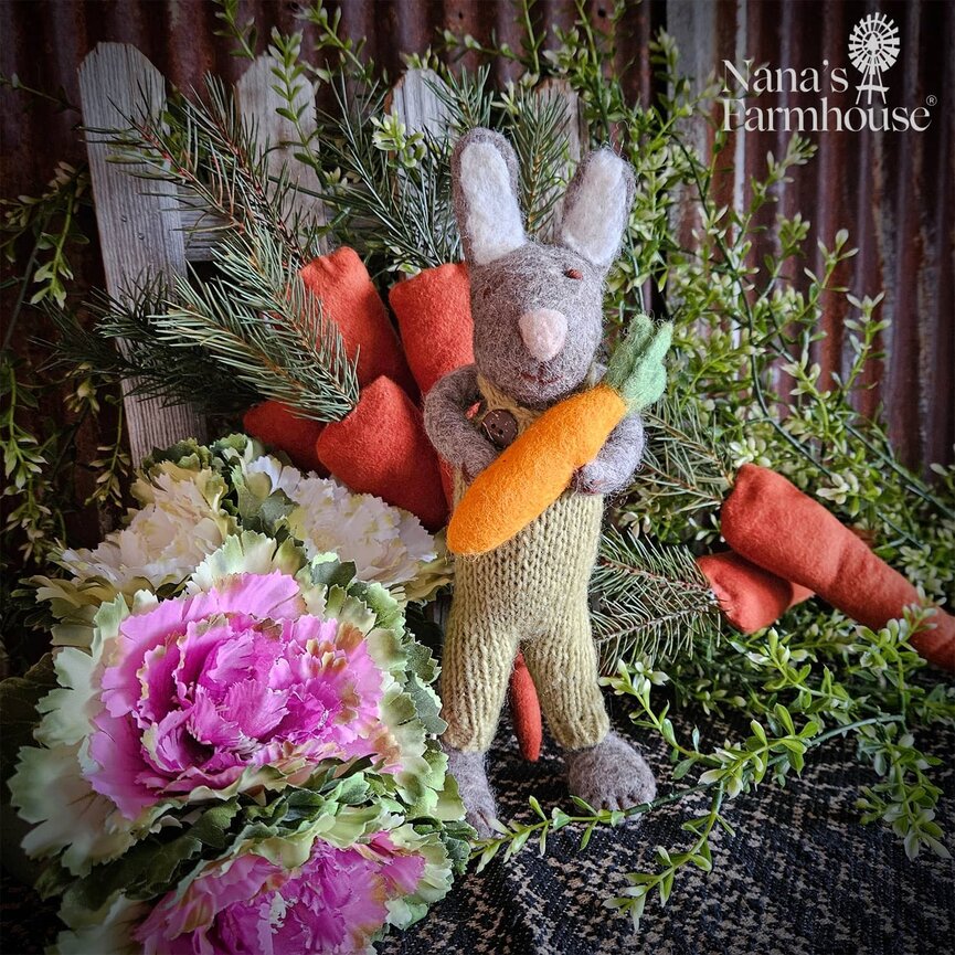 Grey Bunny Rabbit with Green Pants & Carrot - 11"