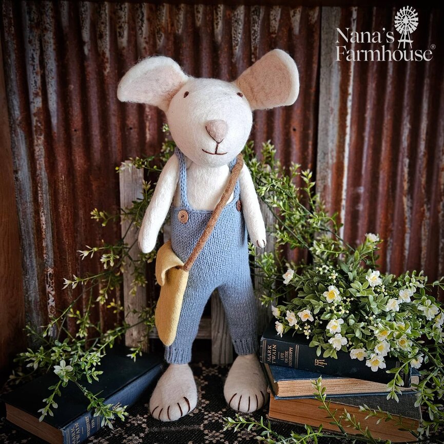 Boy Bunny Rabbit Doll Wool Felt X-Large White Blue Pants & Bag - 24"