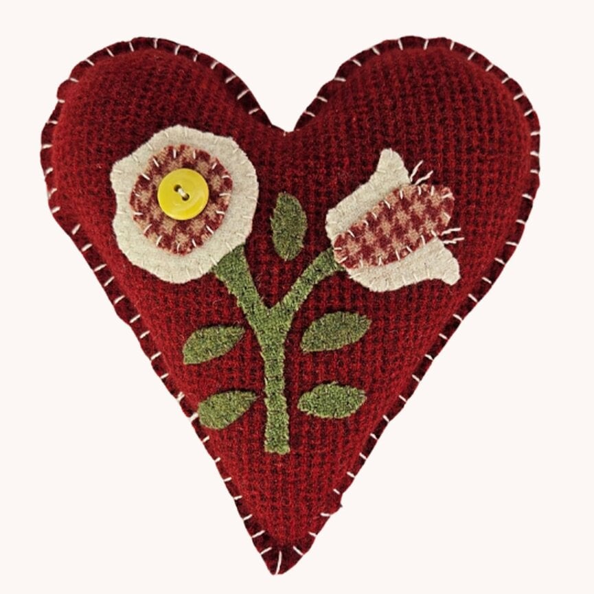 Red Wool Heart with Wool Floral Applique Bowl Filler - 7"