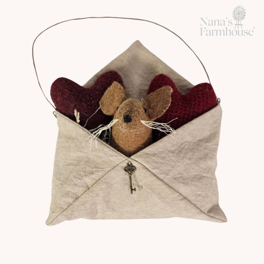 Mouse In Hanging Envelope with Hearts - 8" x 6"