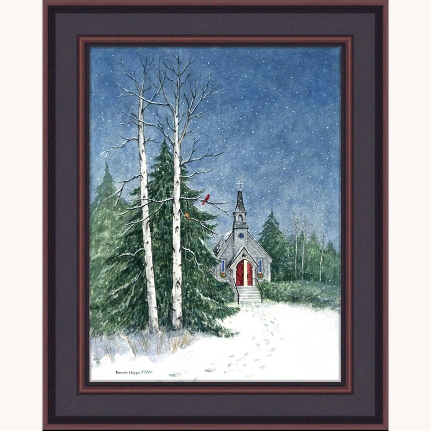 Church by Bonnie Fisher W/Textured Faux Finish 16" x 12"  - Black/Walnut Frame