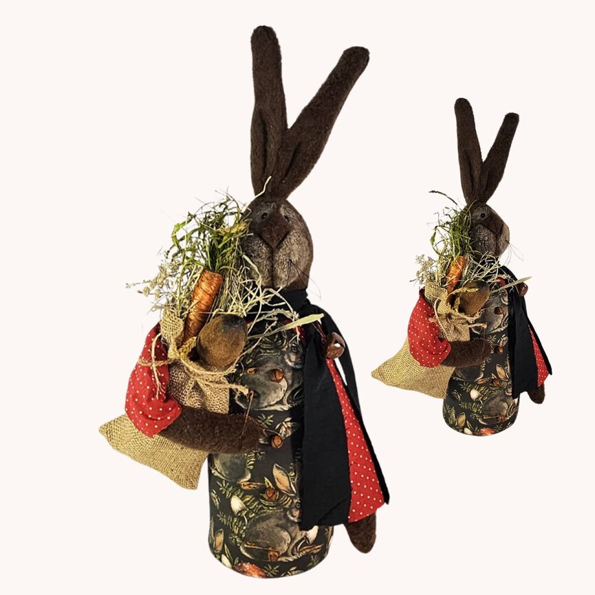 Folk Art Rabbit Brown Doll with Carrot & Egg Rabbit Mushroom Print Dress - 24"