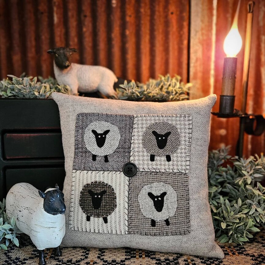 Four Pane Sheep Pillow Wool Applique - 10.5"