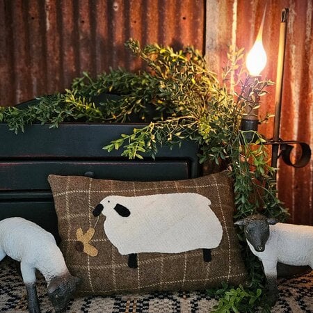 Sheep with Daisy Wool Applique Pillow